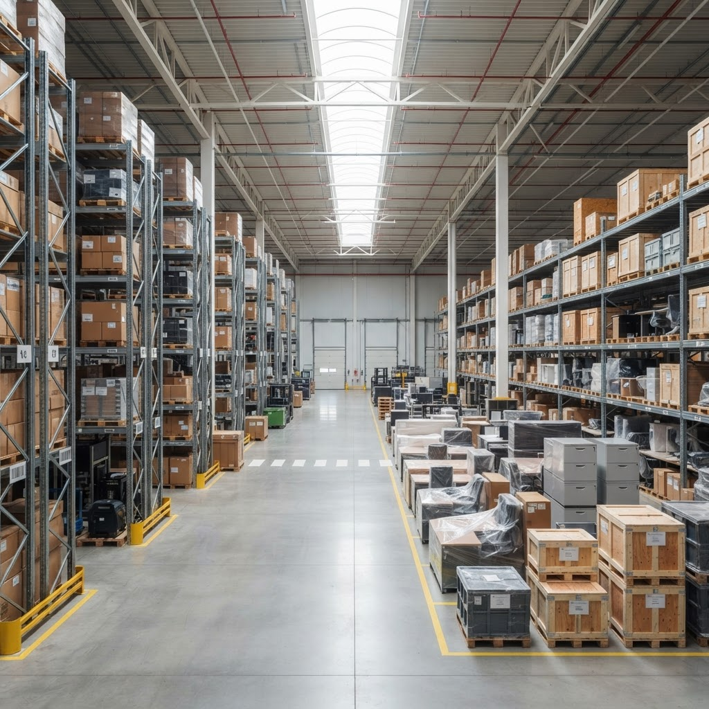 Clean, organised warehouse facility with wrapped office furniture and storage shelving