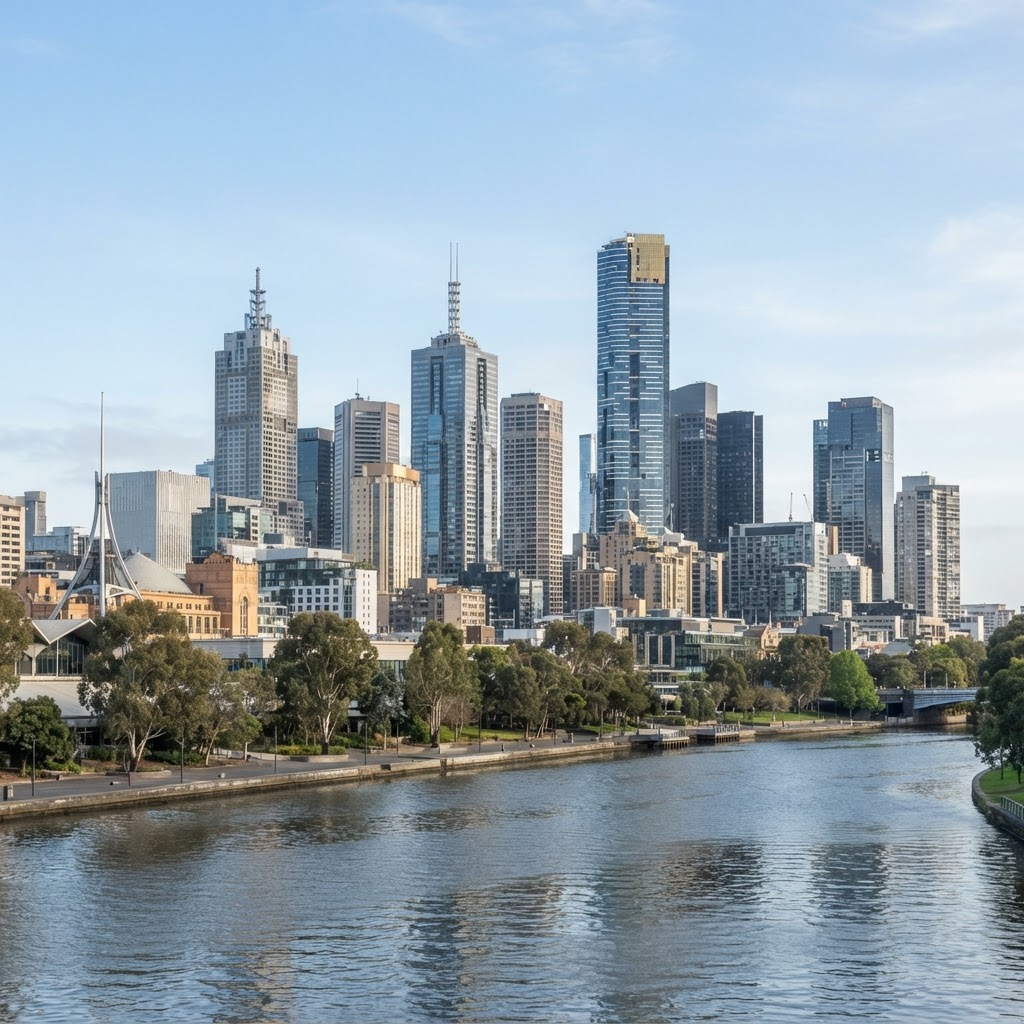 Melbourne central business district skyline along the Yarra river
